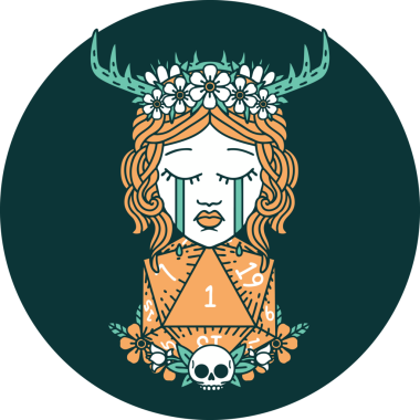 Ağlayan insan Druid ikonu. Bir insan tarafından çizilmiş doğal bir D20 rulosu.