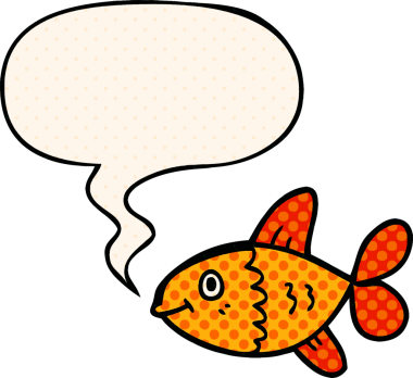 Bir insan tarafından çizilmiş çizgi roman tarzında konuşma balonu olan karikatür balığı.