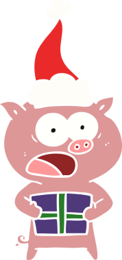 Bir insan tarafından çizilmiş Noel Baba şapkası takan bir domuzun düz renkli çizimi.