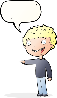 Bir insan tarafından çizilmiş konuşma balonuyla gülen mutlu çocuk çizgi filmi.