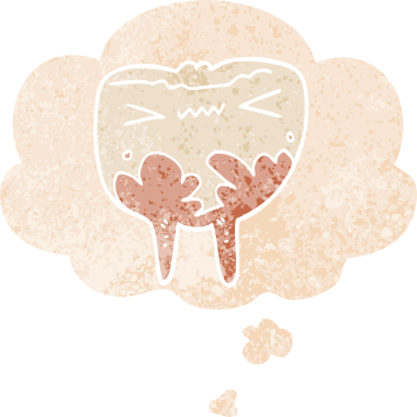 Kötü dişli çizgi film. Düşünce baloncuğu ve grunge. İnsan tarafından çizilmiş derili eski moda.