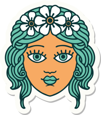 Bir insan tarafından çizilmiş çiçek desenli geleneksel kadın yüzü stili dövme çıkartması.