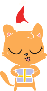 Bir insan tarafından çizilmiş Noel Baba şapkası takan bir kedinin düz renk çizimi.