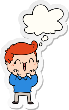 Düşünce baloncuğu olan gülen çocuk bir insan tarafından çizilmiş bir çıkartma.