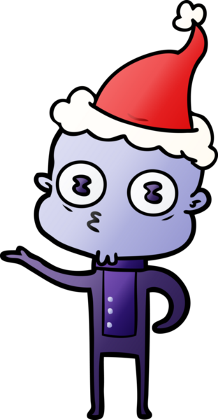 Bir insan tarafından çizilmiş Noel Baba şapkası giymiş garip kel bir uzaylının el çizimi karikatürü.