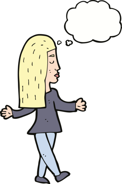 Bir insan tarafından çizilmiş düşünce baloncuğuyla omuz silken çizgi film kadını.