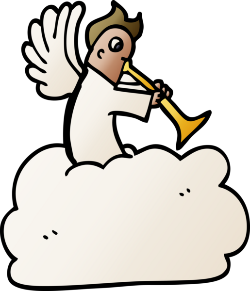 Bir insan tarafından çizilmiş trompetle bulutların üzerindeki karalama meleği.