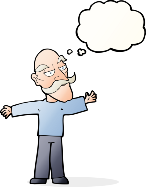 Bir insan tarafından çizilmiş düşünce baloncuğuyla kollarını açan yaşlı adam çizgi filmi.