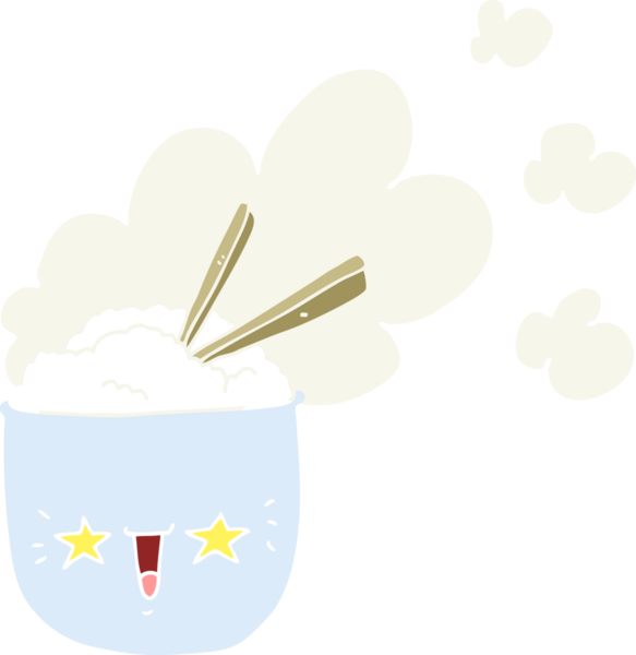 Sevimli düz renkli karikatür bir insan tarafından çizilmiş sıcak pirinç kasesi.