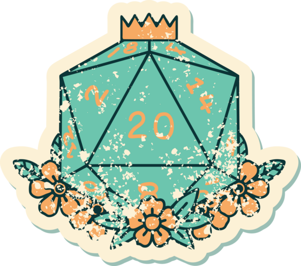 Bir insan tarafından çizilmiş çiçek elementleriyle 20 D20 zarının grunge sticker 'ı.