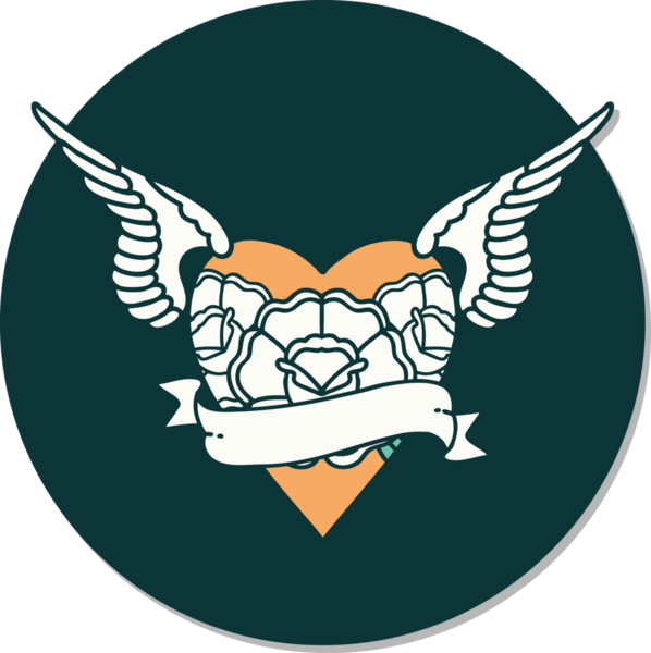 Geleneksel kalp stili dövme çıkartması. Kanatları, çiçekleri ve insan sancağıyla çizilmiş.