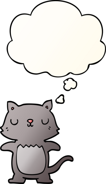 Bir insan tarafından çizilmiş yumuşak eğimli düşünce baloncuklu çizgi film kedisi.