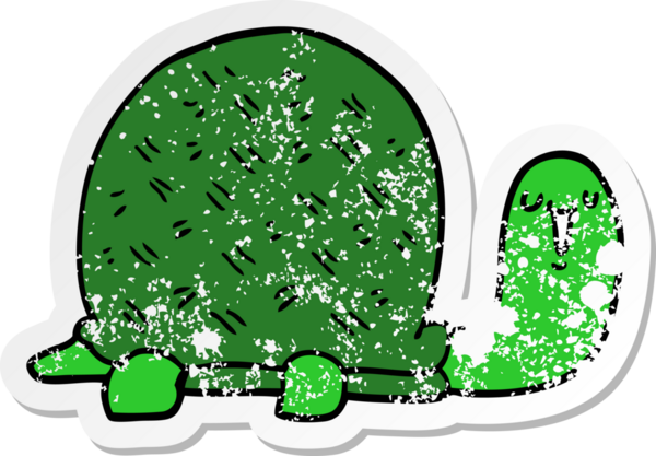 Bir insan tarafından çizilmiş şirin bir karikatür kaplumbağasının sıkıntılı çıkartması.