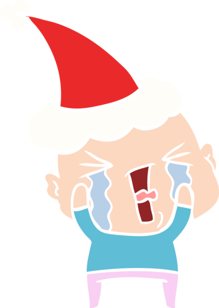 Bir insan tarafından çizilmiş Noel Baba şapkası giymiş ağlayan kel bir adamın düz renkli çizimi.