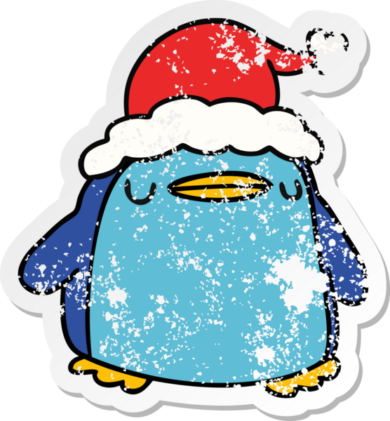 Bir insan tarafından çizilmiş kawaii pengueninin sıkıntılı yılbaşı çıkartması.