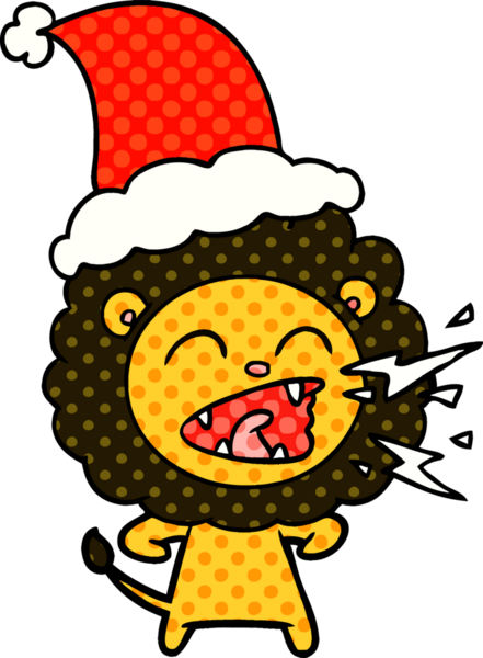 Bir insan tarafından çizilmiş Noel Baba şapkası giyen kükreyen bir aslanın el çizimi çizgi roman tasviri.