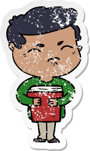 Bir insan tarafından çizilmiş kitabı olan sıkıntılı bir karikatür çıkartması.