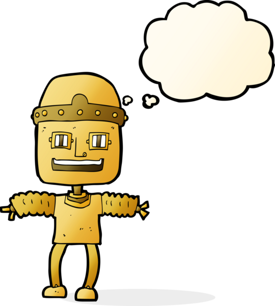 Bir insan tarafından çizilmiş düşünce baloncuklu çizgi film robotu