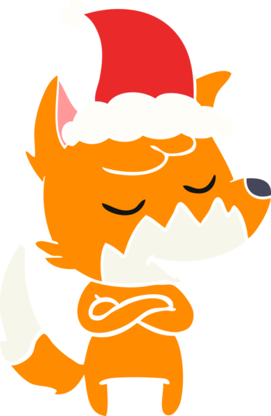 Bir insan tarafından çizilmiş Noel Baba şapkası giymiş bir tilkinin düz renk çizimi.