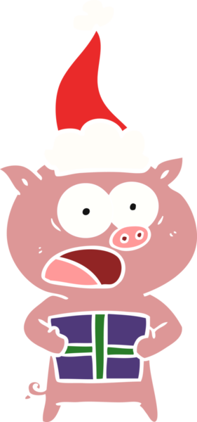 Bir insan tarafından çizilmiş Noel Baba şapkası takan bir domuzun düz renkli çizimi.