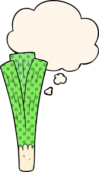 Çizgi roman tarzında bir insan tarafından çizilmiş düşünce kabarcığı olan pırasa çizgi film.