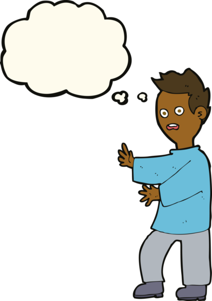 Bir insan tarafından çizilen düşünce baloncuğuyla şok olmuş bir adam.