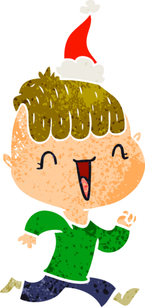 Bir insan tarafından çizilmiş Noel Baba şapkası giymiş mutlu bir çocuğun el çizimi karikatürü.