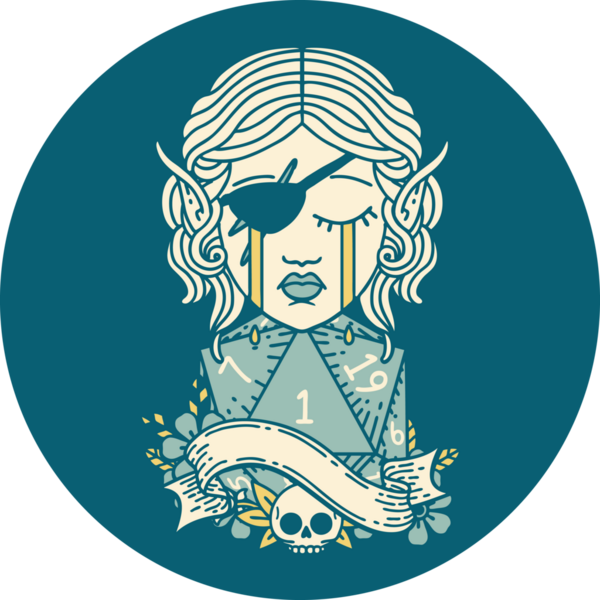 Retro Dövme Tarzı Hüzünlü elf karakteri yüzü ve bir insan tarafından çizilmiş bir d20 rulosu.