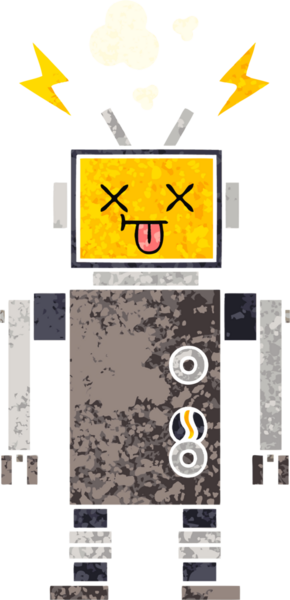 Bir insan tarafından çizilmiş arızalı bir robotun retro çizim tarzı karikatürü