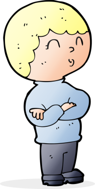 Bir insan tarafından çizilmiş kolları katlanmış çizgi film çocuğu.