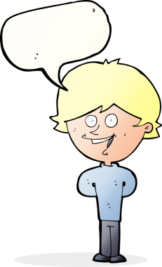 Bir insan tarafından çizilmiş konuşma balonu olan mutlu bir çocuk.