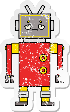 Bir insan tarafından çizilmiş sevimli bir robot çizgi film çıkartması.