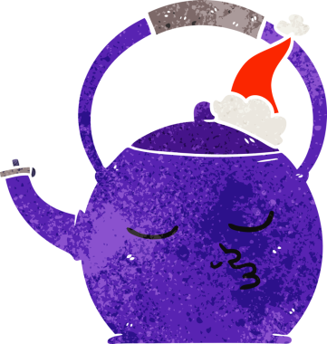 Bir insan tarafından çizilmiş Noel Baba şapkası takan bir çaydanlığın eski çizgi filmi.