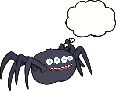 Bir insan tarafından çizilmiş düşünce baloncuklu ürkünç örümcek çizgi filmi.