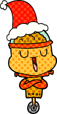 Bir insan tarafından çizilmiş Noel Baba şapkası takan bir robotun çizilmiş mutlu el çizimi çizgi roman tarzı.