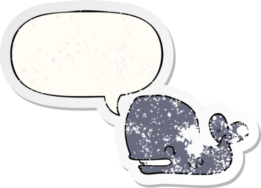 Konuşma baloncuğu olan karikatür balinası bir insan tarafından çizilmiş sıkıntılı eski bir çıkartma