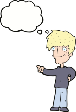 Bir insan tarafından çizilen düşünce baloncuğuyla işaret eden çizgi film adamı.