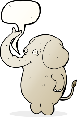 Bir insan tarafından çizilmiş konuşma balonlu komik bir fil.