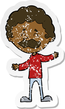 Bir insan tarafından çizilmiş bıyıklı mutlu bir adamın karikatür yapıştırması.