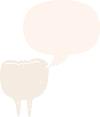 Bir insan tarafından çizilmiş, konuşma baloncuklu çizgi film dişleri.