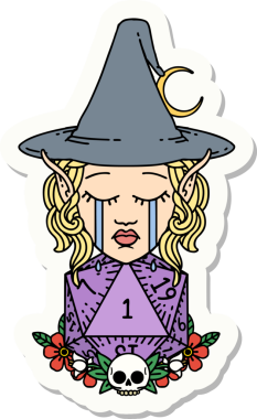 Ağlayan bir elf cadısının çıkartması. Bir insan tarafından çizilmiş doğal bir D20 rulosu.