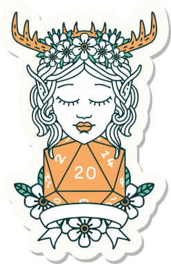 Bir insan tarafından çizilmiş doğal 20 zarlı Elf Druid karakterinin çıkartması.