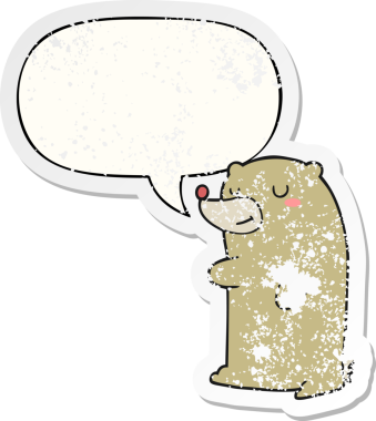 Konuşma baloncuğu olan sevimli çizgi film ayısı bir insan tarafından çizilmiş sıkıntılı eski bir çıkartma