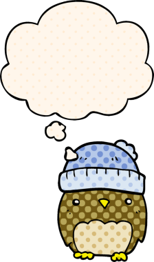 Bir insan tarafından çizilmiş çizgi roman tarzında düşünce baloncuğu olan şapkalı sevimli bir baykuş.