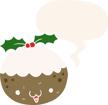 Bir insan tarafından çizilmiş konuşma baloncuklu tatlı çizgi film pudingi.