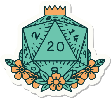 Bir insan tarafından çizilmiş 20 D20 zarının etiketi.