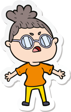 Çizgi film çıkartması. Bir insan tarafından çizilmiş rahatsız bir kadın.