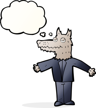 Bir insan tarafından çizilmiş düşünce balonlu bir kurt.