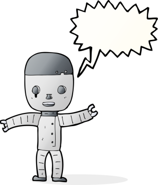 Bir insan tarafından çizilmiş konuşma balonu olan çizgi film robotu.