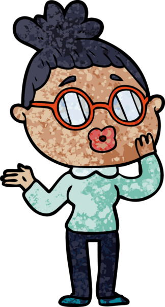 Bir insan tarafından çizilmiş gözlüklü bir karikatür kadın.